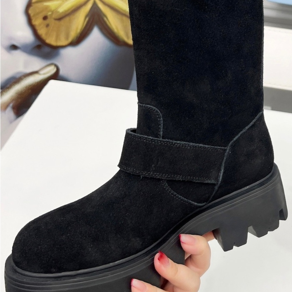 Women's Prada Black Suede Triangle Logo Buckle Chunky Platform Mid-Calf Boots - Picture 5 of 8
